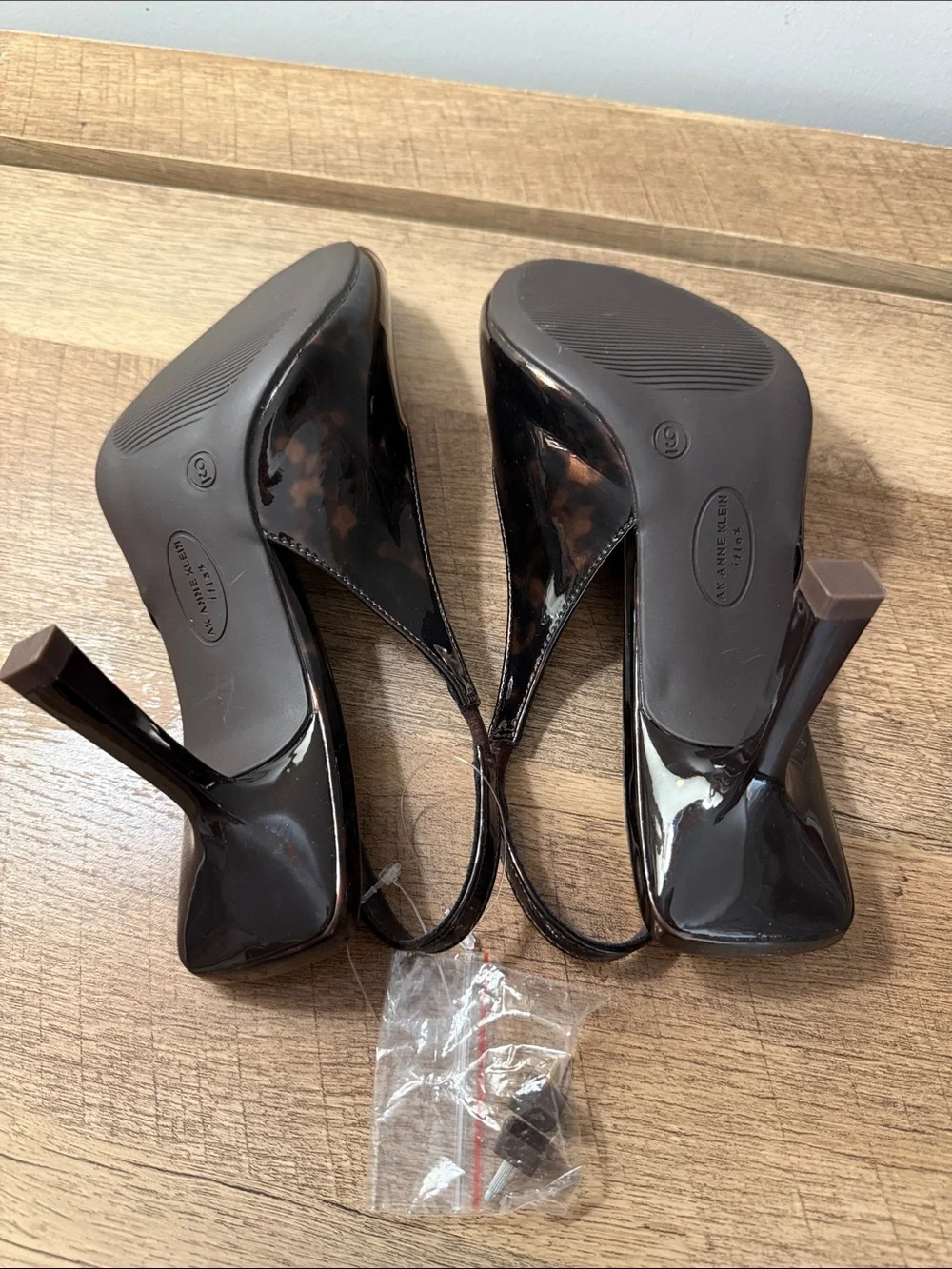 Anne Klein Dark Brown Tortoise Patent Peep-Toe Slingbacks, NWTs, size 9